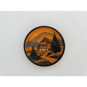 Vintage Signed Small Painting on Wood Round Hand Painted & Carved Farm Mountain